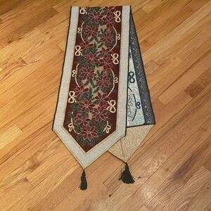 Christmas Woven Tapestry Long Table Runner Poinsettia Gold Tassel 72" X 13"